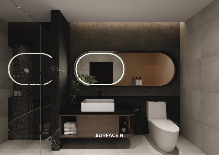 Modern and practical bathroom design in The Vivant residential interior design and build project by Surface R
